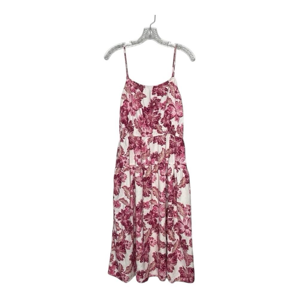 Old Navy Linen Blend Smocked Midi Dress Womens‎ Medium Pink Floral Cami Pockets
